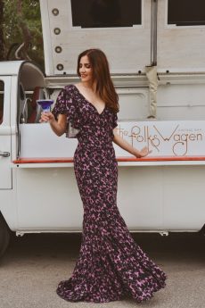 h-era printed ruffle maxi dress